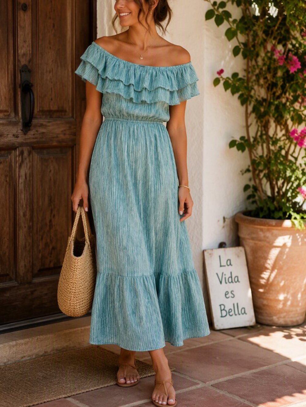 Flying Tomato Aqua Ruffle Off-Shoulder Maxi Dress
